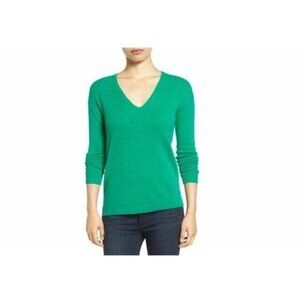 HALOGEN Cashmere Green Classic V-Neck Side Slit High Low Sweater SZ XS NEW
